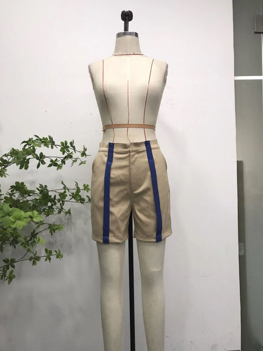 Long Belt Loop Wide Shorts — Beige / Kensington Blue
