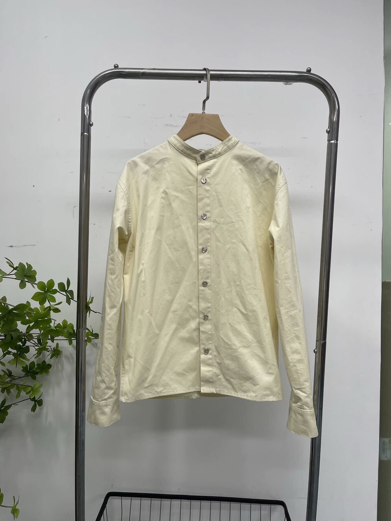 Mandarin Collar Slim Button Up — Bone White